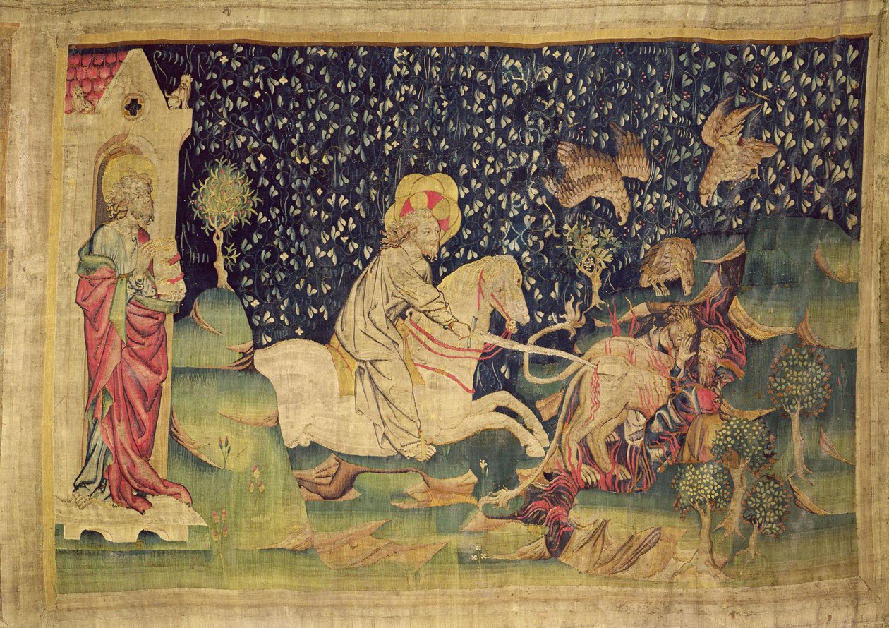 A besta é jogada no lago de enxofre, de "O Apocalipse de Angers", 1373-87 (tapeçaria) de Nicolas Bataille
