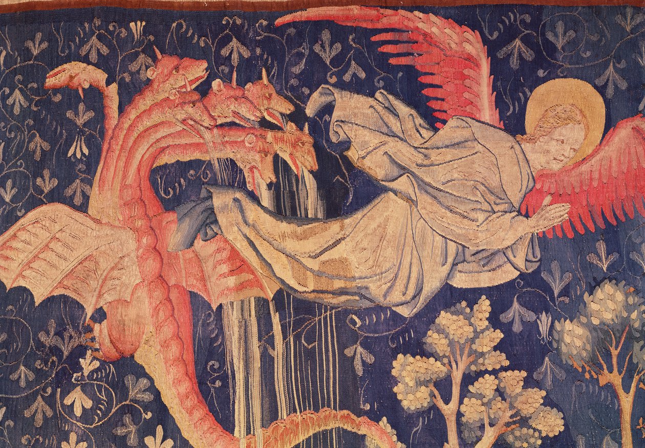 O dragão perseguindo a mulher, detalhe do dragão cuspindo água, da tapeçaria do Apocalipse de Angers, 1373-87 tapeçaria de Nicolas Bataille