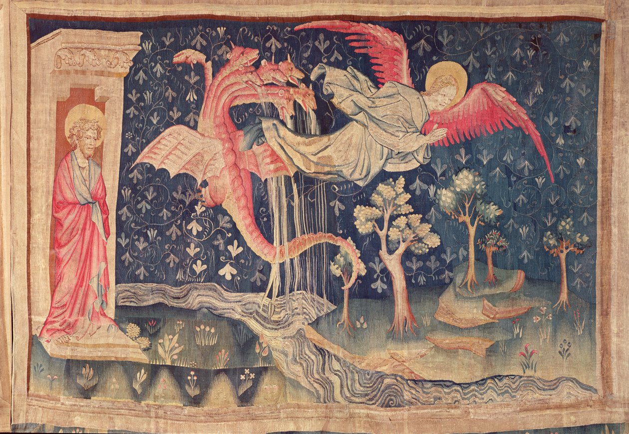 O dragão perseguindo a mulher, da tapeçaria de Apocalypse de Angers, 1373-87 (tapeçaria) de Nicolas Bataille