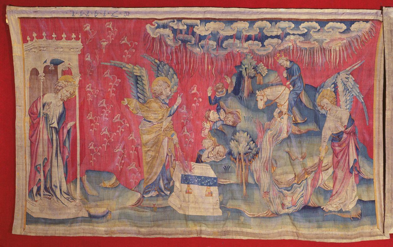 O quinto e sexto frasco: O quinto sexto anjos derramar seus frascos no trono e no rio Eufrates, da tapeçaria de Apocalypse de Angers, 1373-1387 (tapeçaria) de Nicolas Bataille