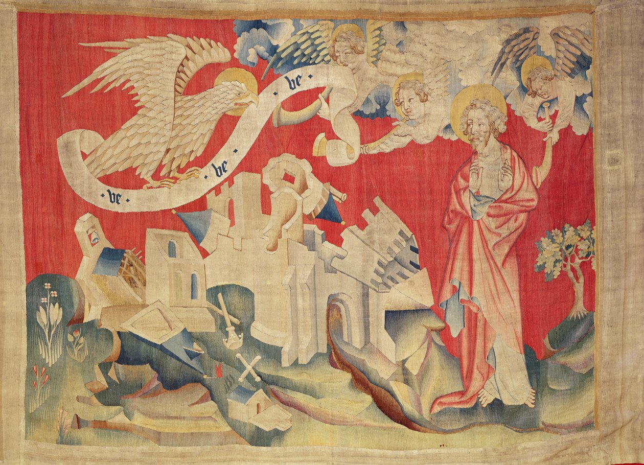 A Quarta Trombeta e a Águia da Desgraça, nº 23 de "O Apocalipse de Angers", 1373-87 (tapeçaria) de Nicolas Bataille