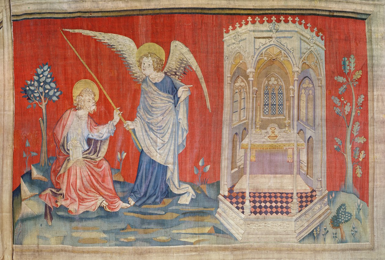 A medição do templo, não. 29 de "O Apocalipse de Angers", 1373-87 (tapeçaria) de Nicolas Bataille