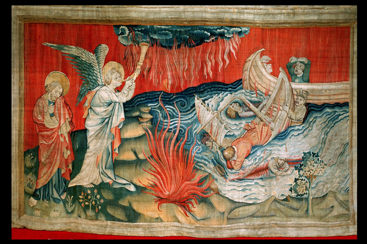 A Segunda Trombeta e o Naufrágio, número 21 de "O Apocalipse de Angers", 1373-87 (tapeçaria) de Nicolas Bataille
