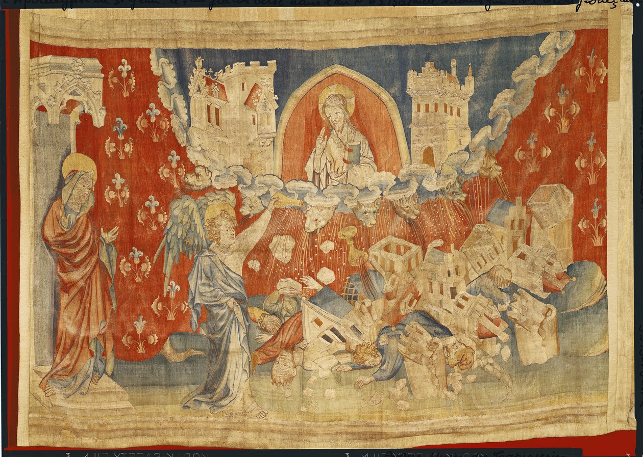 As Sete Taças da Ira e a Destruição da Babilônia, não. 63 no "Apocalipse de Angers", 1373-87 (tapeçaria) de Nicolas Bataille
