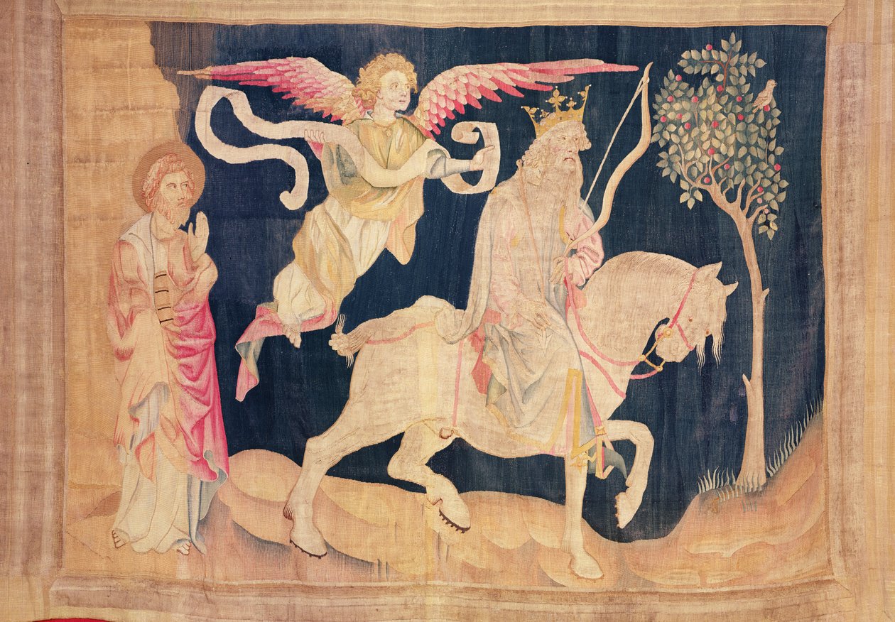 O cavaleiro do cavalo branco, da tapeçaria de Apocalypse de Angers, 1373-1387 (tapeçaria) de Nicolas Bataille