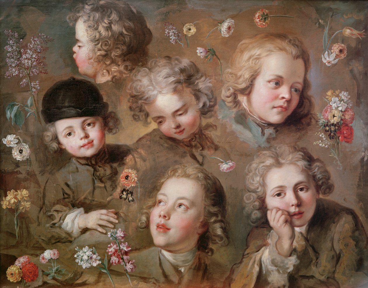 Flores e cabeças de crianças de Nicolas Bernard Lepicie