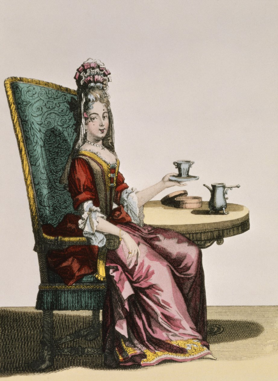 Senhora tomando café, placa de moda, c.1695 de Nicolas Bonnart