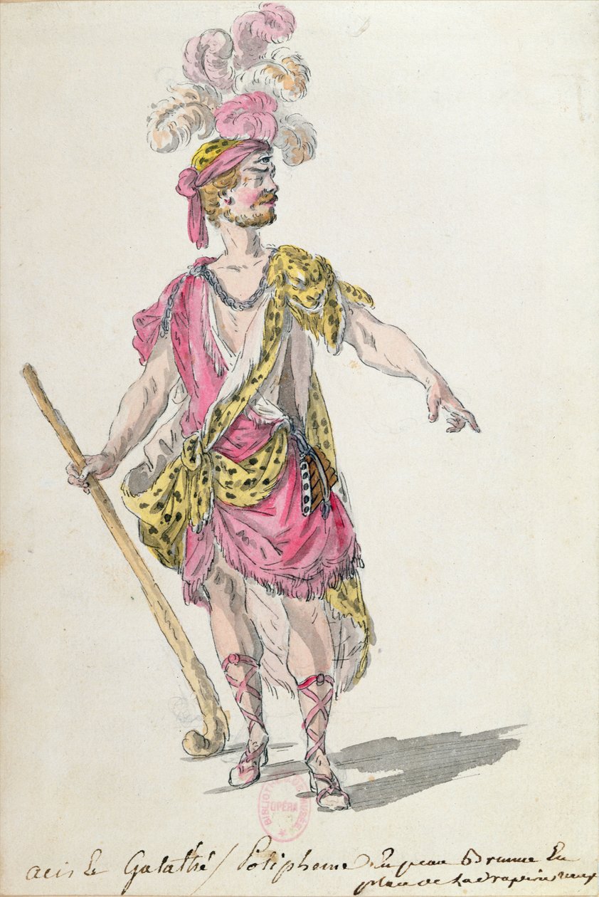 Figurino para performance em Paris, em 1762, da ópera Lully &39;Acis et Galatee&39; (caneta e tinta sobre papel) de Nicolas Boquet