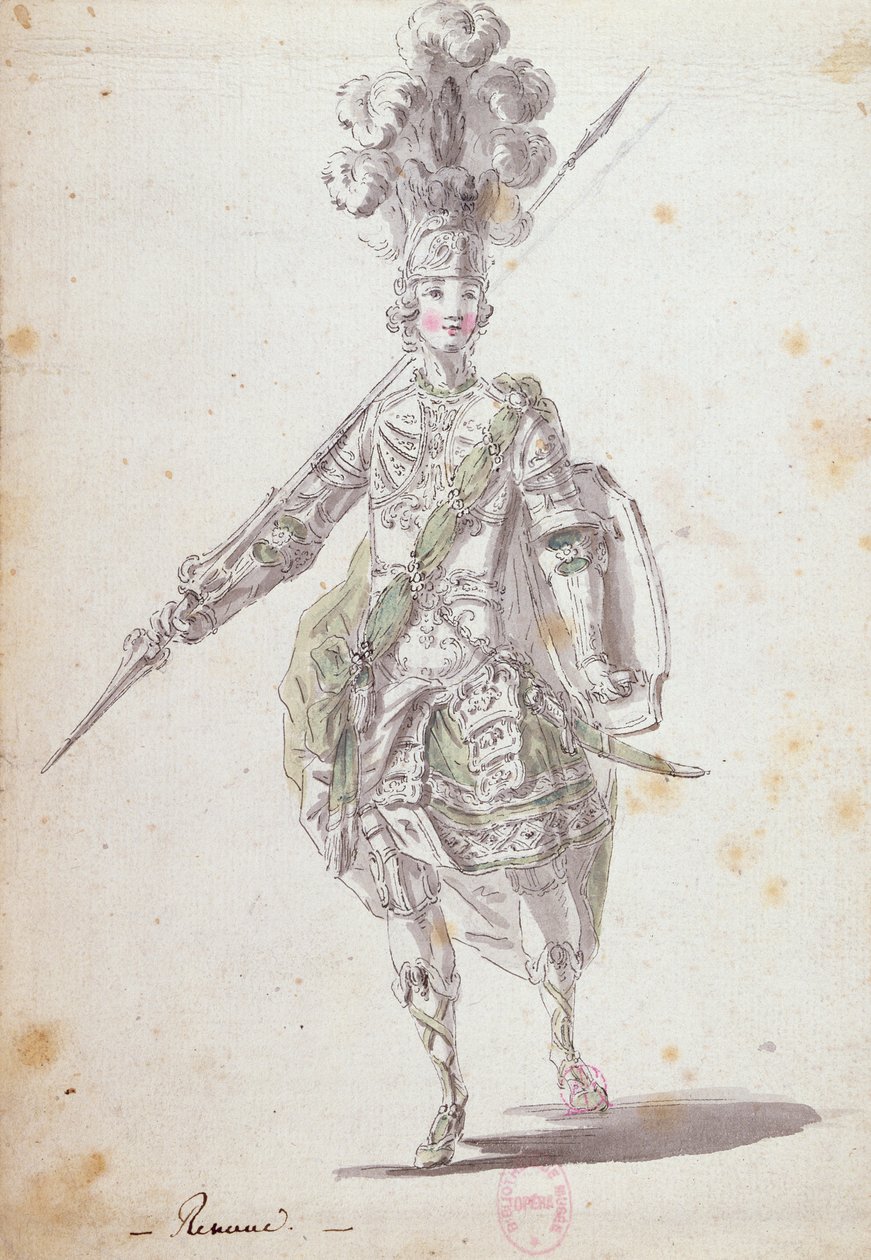 Traje para Rinaldo na ópera &39;Rinaldo e Armida&39; realizado em 1761 (caneta e tinta e papel higiênico) de Nicolas Boquet