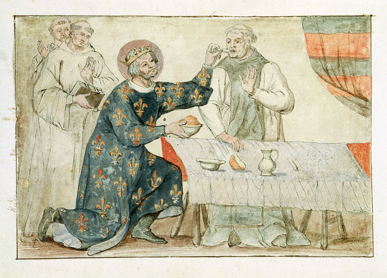 Ms 1779 fol.81 St. Louis alimentando um monge avarento, de &39;Memórias para a vida de St. Louis&39; de Nicolas Claude Fabri de Peiresc