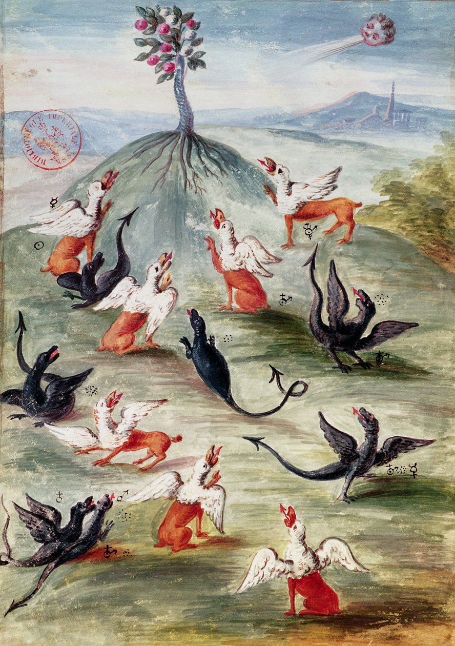 Sra. 14765 f.20-21 "A Feira da Flor na Montanha", ilustração alegórica mostrando as quimeras representando processos alquímicos supostamente escritos e iluminados por Nicolas Flamel (c.1330-1418) (v de Nicolas Flamel