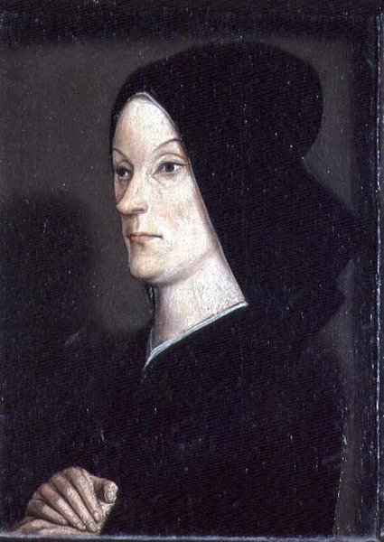 The Matheron Diptych: retrato de Jeanne de Laval (d.1498) segunda esposa do painel direito de Rene I the Good (1409-80) (ver também 94914) de Nicolas Froment