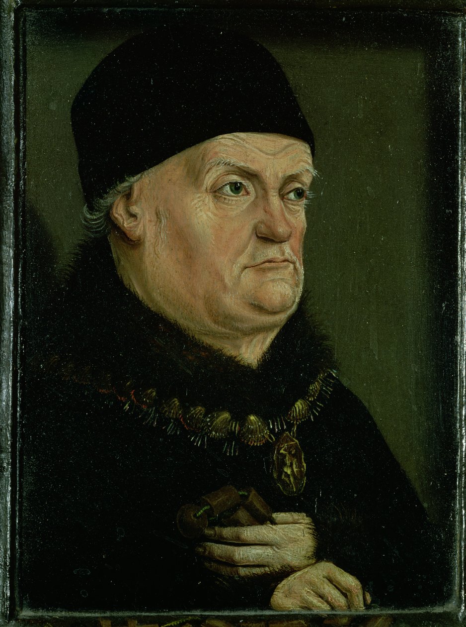 O Diptych Matheron: retrato de René I o "Bom" (1409-80) Duque de Anjou, Conde de Provença e Piemonte, painel da esquerda (ver também 94915) de Nicolas Froment