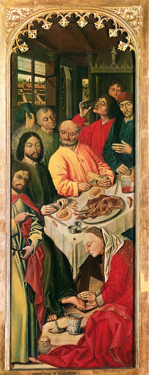 A ressurreição do tríptico de Lázaro, painel direito de Maria Madalena lavando os pés de Cristo, 1461 de Nicolas Froment