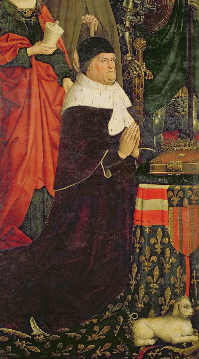 Tríptico de Moisés e o Sarça Ardente, detalhe de René I d&39;Anjou (1409-80) do painel esquerdo, c.1476 de Nicolas Froment