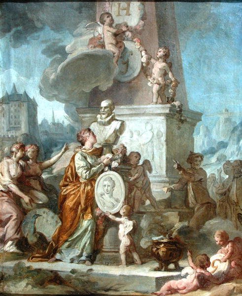 Cena alegórica em torno do Busto de Henrique IV (1553-1610), rei da França e o medalhão de retrato de Comtesse de Gramont, 1776 de Nicolas Guy Brenet