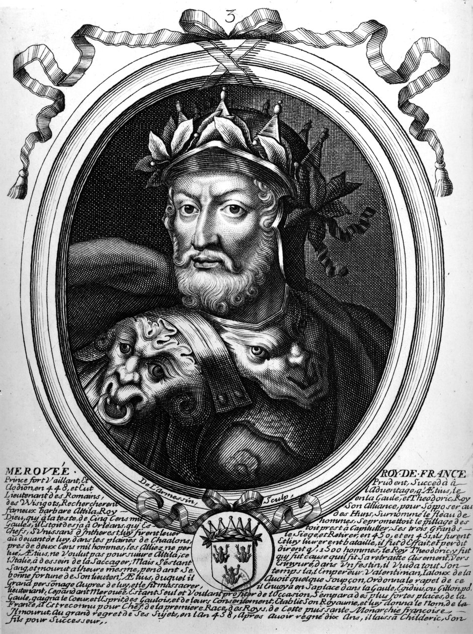 Retrato de Merovech (d.456) Rei dos Francos da Sicília, de &39;As Representações de Auges de todos os reis da França&39;, 1714 de Nicolas II de Larmessin