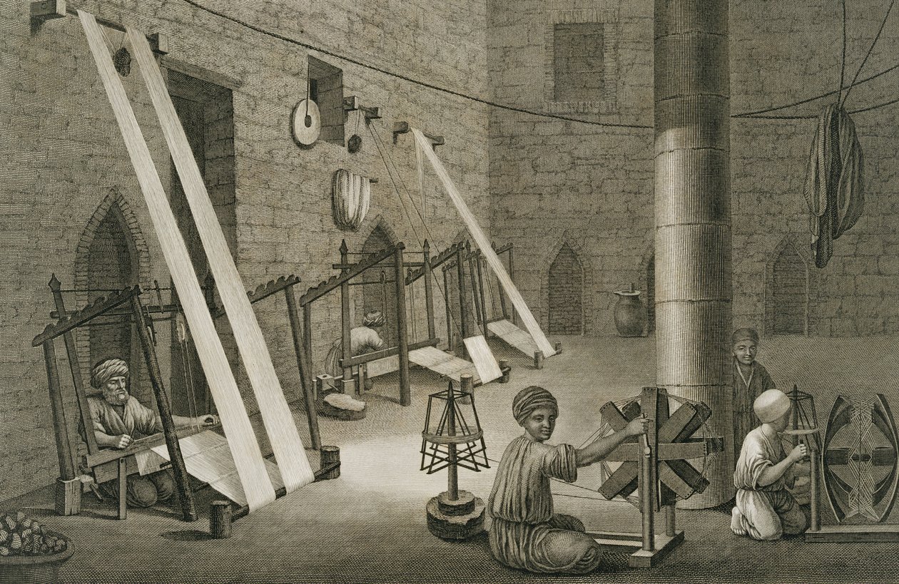 Interior de uma oficina de tecelão, de volume II artes e ofícios de &39;descrição do Egito&39;, gravada por Schroeder e E. Voysard, pub. sob as ordens de Napoleão, 1822 (ver também 267695) de Nicolas Jacques Conte