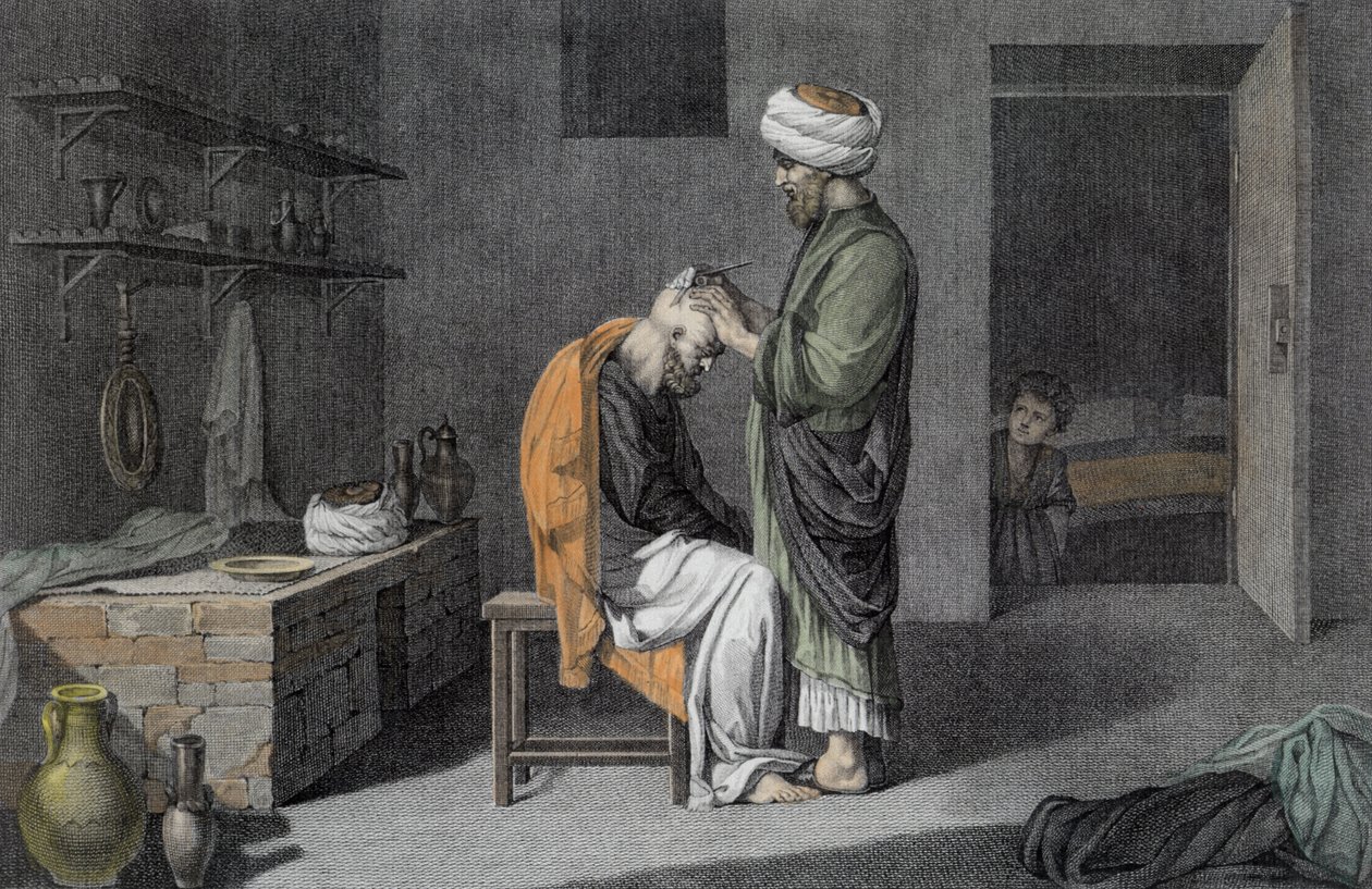 O barbeiro, de volume II artes e ofícios de &39;descrição do Egito&39;, gravado por Etienne Frederic Lignon (1779-1833) pub. sob as ordens de Napoleão, 1822 (posterior coloração) de Nicolas Jacques Conte