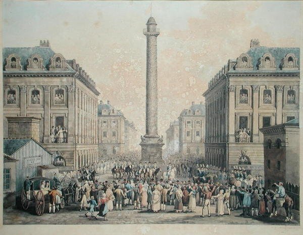 Charles-Ferdinand de France (1778-1820) Duc de Berry retornando às Tulherias através da Place Vendome, 1814 (caneta e tinta e wc no papel) de Nicolas Joseph Vergnaux