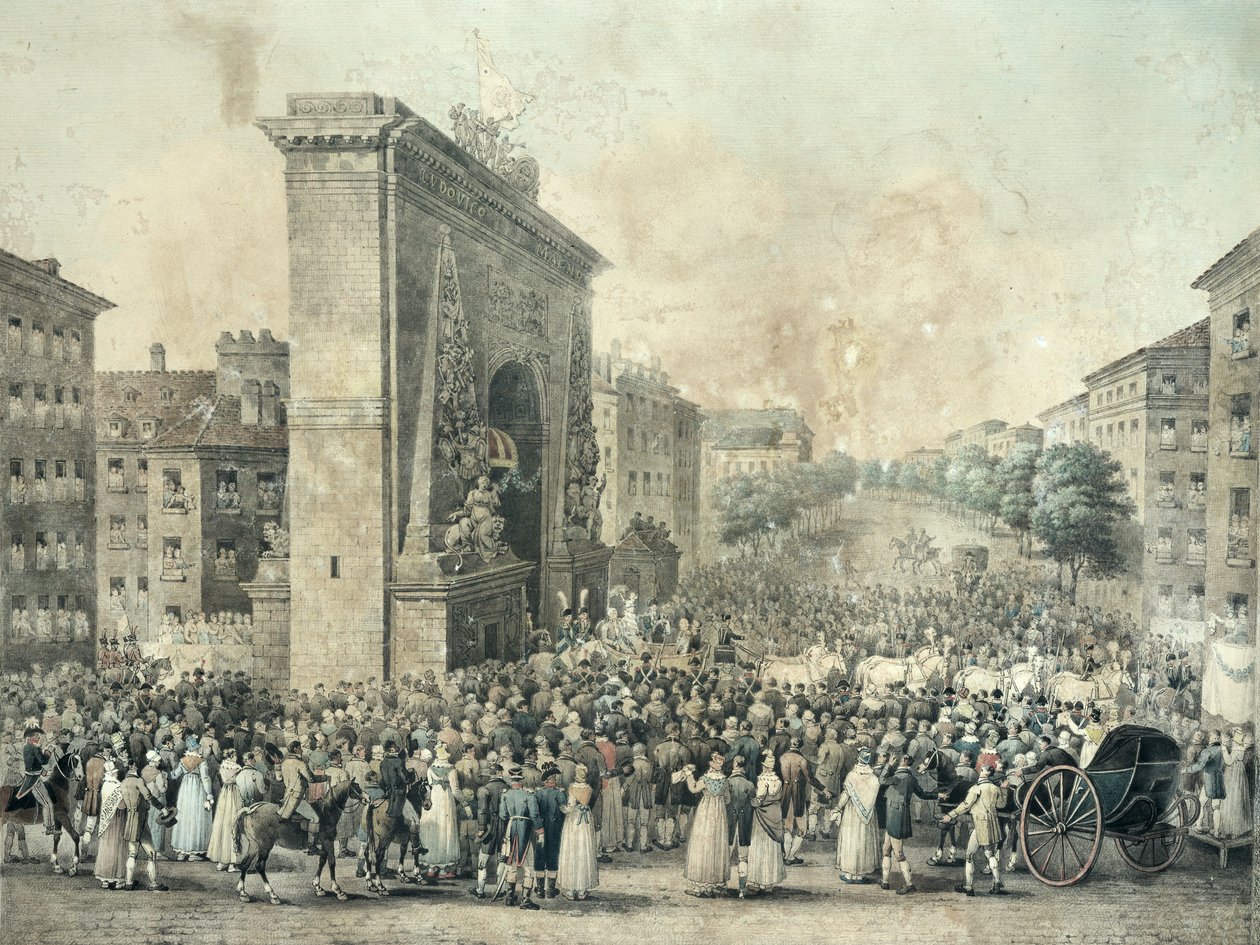 Entrada de Luís XVIII (1755-1824) através da Porte Saint-Denis, 1814 (caneta e tinta sobre papel) de Nicolas Joseph Vergnaux
