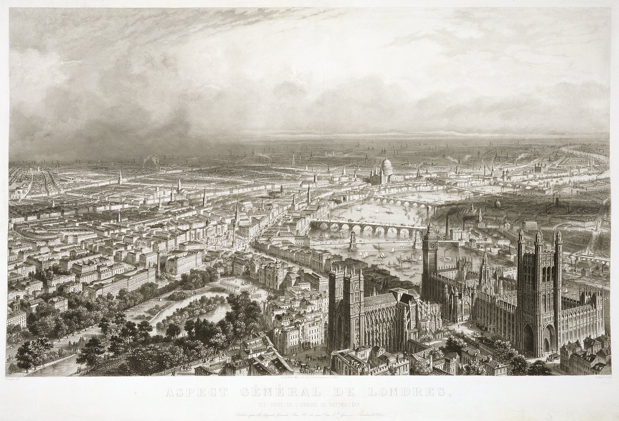 Vista aérea de Londres da Abadia de Westminster, gravada por A. Appert (ver também 46631) de Nicolas Marie Joseph Chapuy