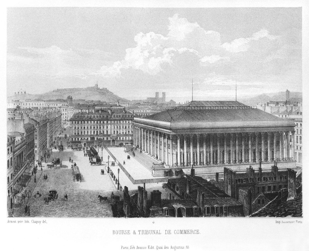 A bolsa e o tribunal de comércio, Paris, gravado por Jean Baptiste Arnout (n.1888) c.1840 de Nicolas Marie Joseph Chapuy