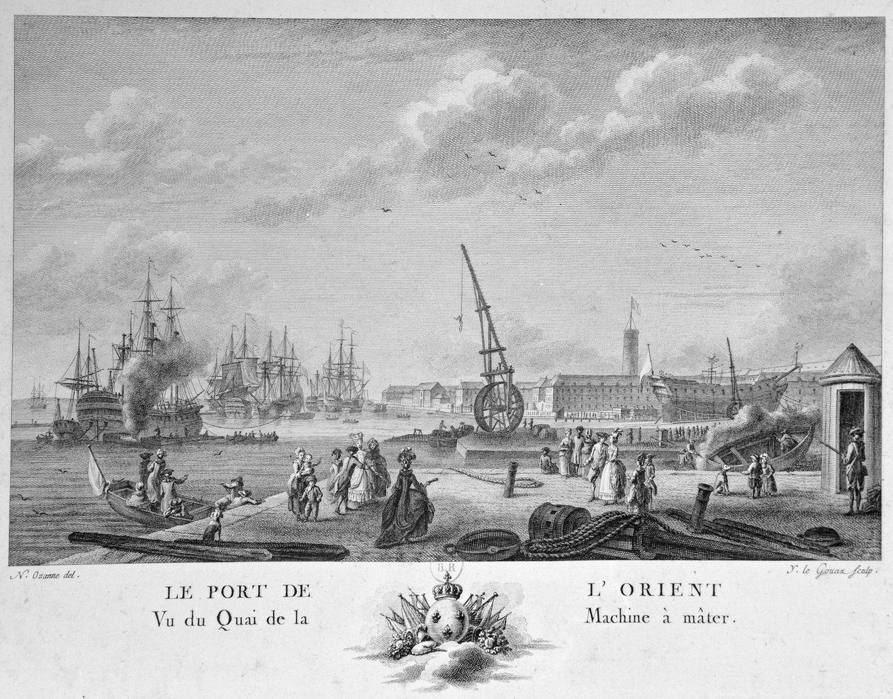 Porto de L &39;Orient, vista do cais com a máquina de Masting, gravada por Yves Marie Le Gouaz (1742-1816) de Nicolas Marie Ozanne