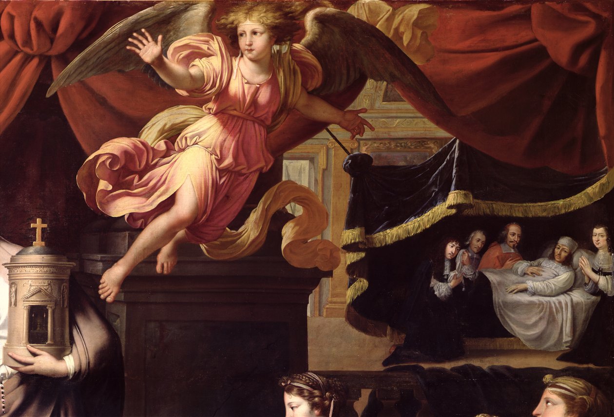 Ex-Voto à doença de Louis XIV (1638-1715) em Calais, julho de 1658, detalhe de um anjo e Louis em seu leito de morte de Nicolas Mignard