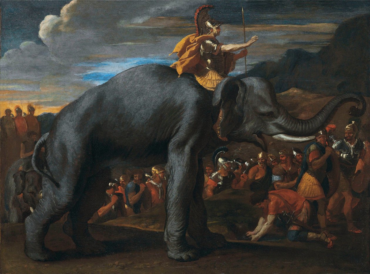 Hannibal cruzando os Alpes com um elefante de volta de Nicolas Poussin