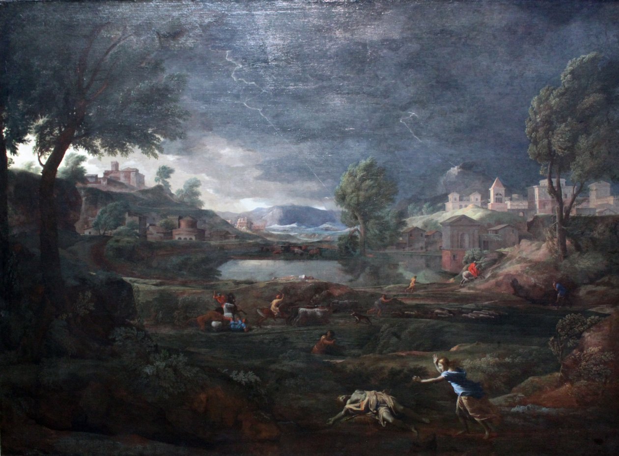 Paisagem durante uma tempestade com Pyramus e Thisbe de Nicolas Poussin