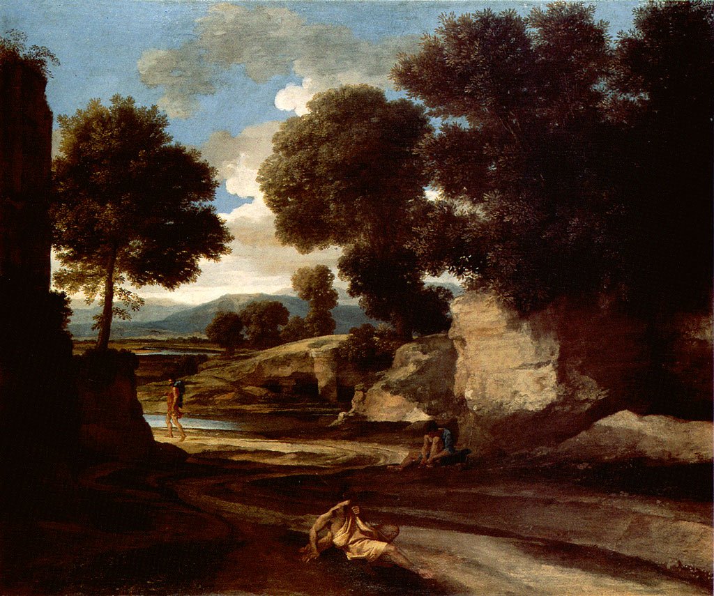 Paisagem com viajantes descansando de Nicolas Poussin