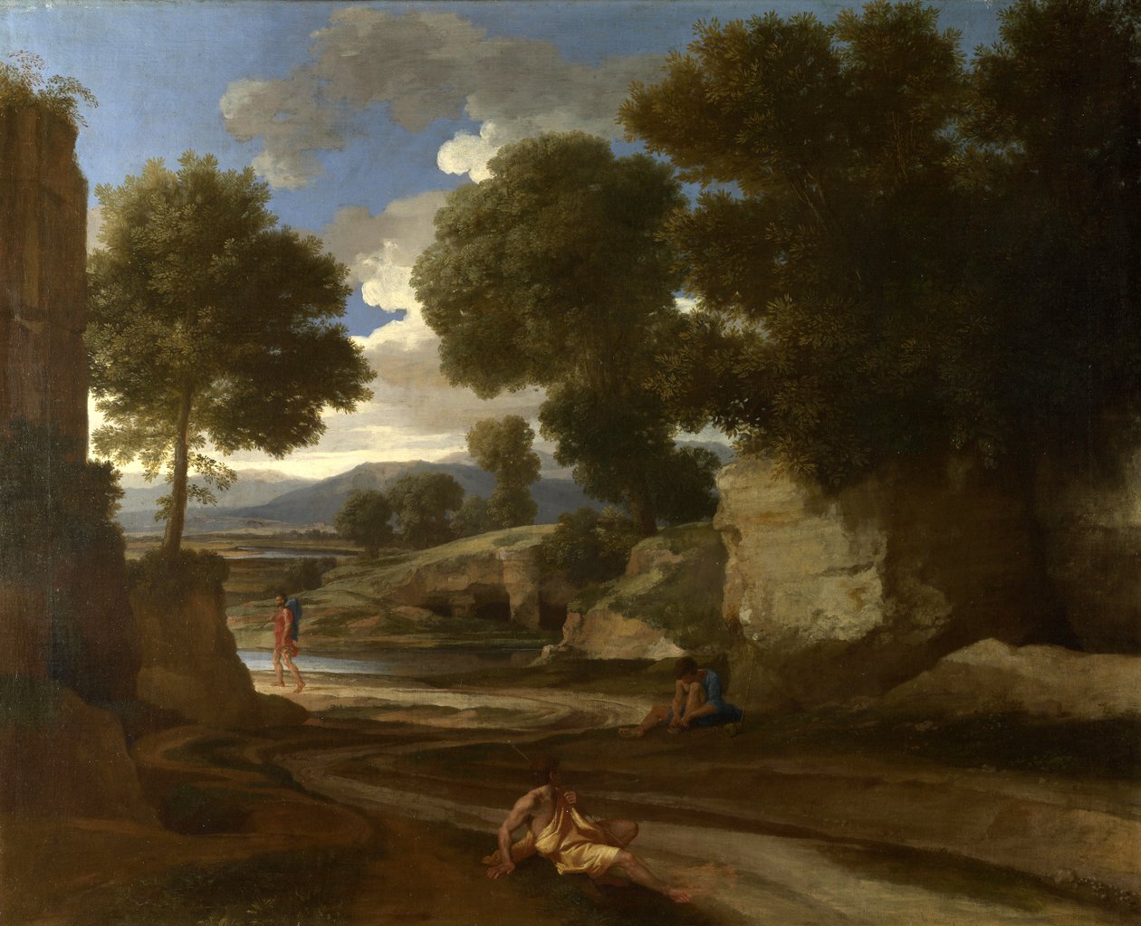 Paisagem com viajantes descansando, c.1638 de Nicolas Poussin