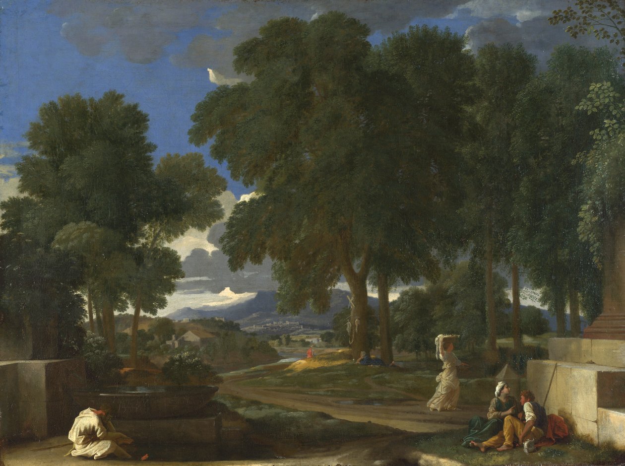 Paisagem com um homem lavando os pés em uma fonte, 1648 de Nicolas Poussin