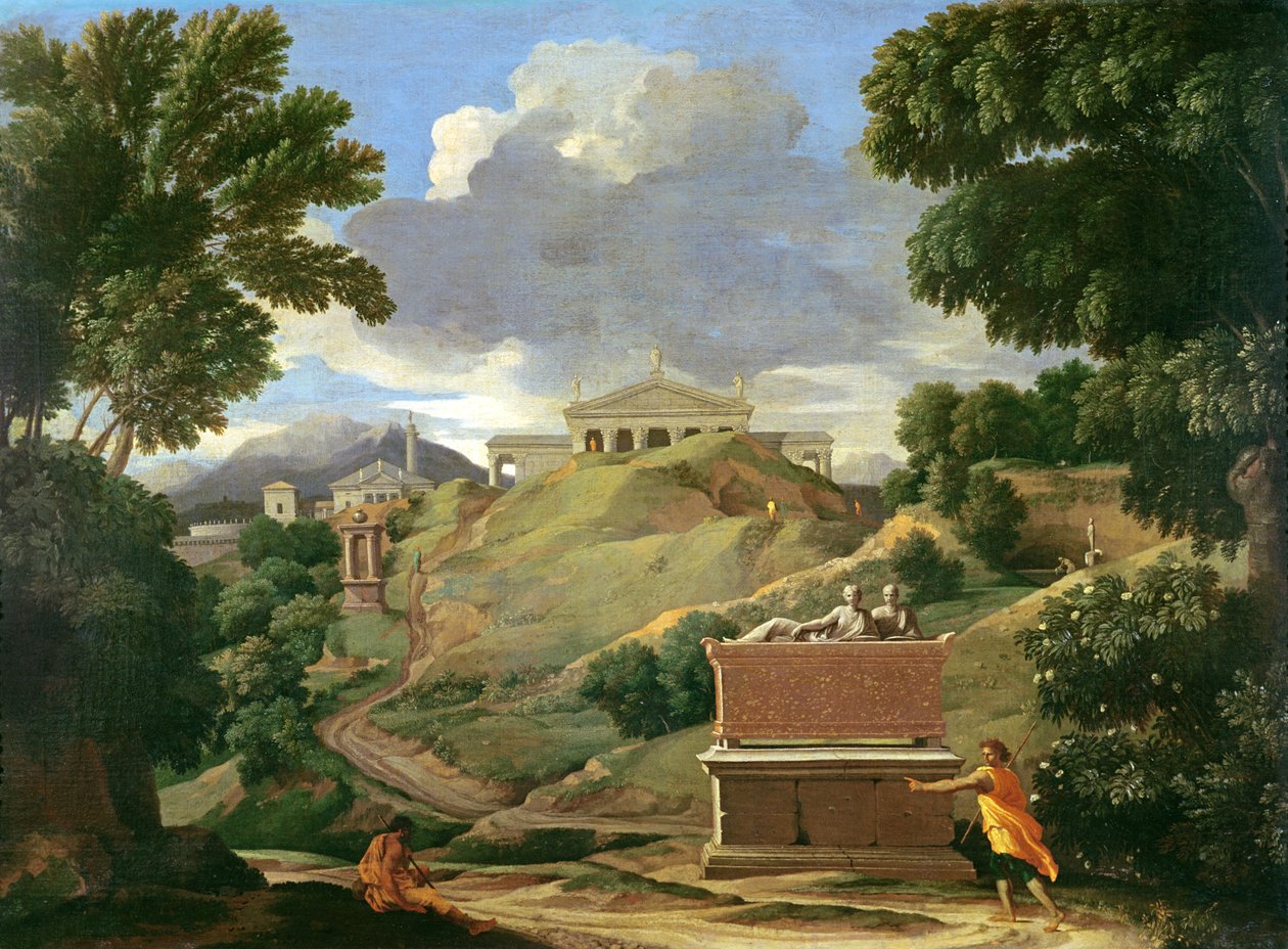 Paisagem com ruínas clássicas e sarcófago etrusco, c.1634 de Nicolas Poussin