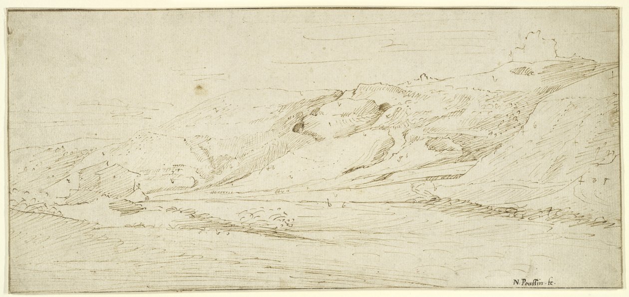 Paisagem montanhosa com duas casas (caneta e tinta com lavagem em papel) de Nicolas Poussin