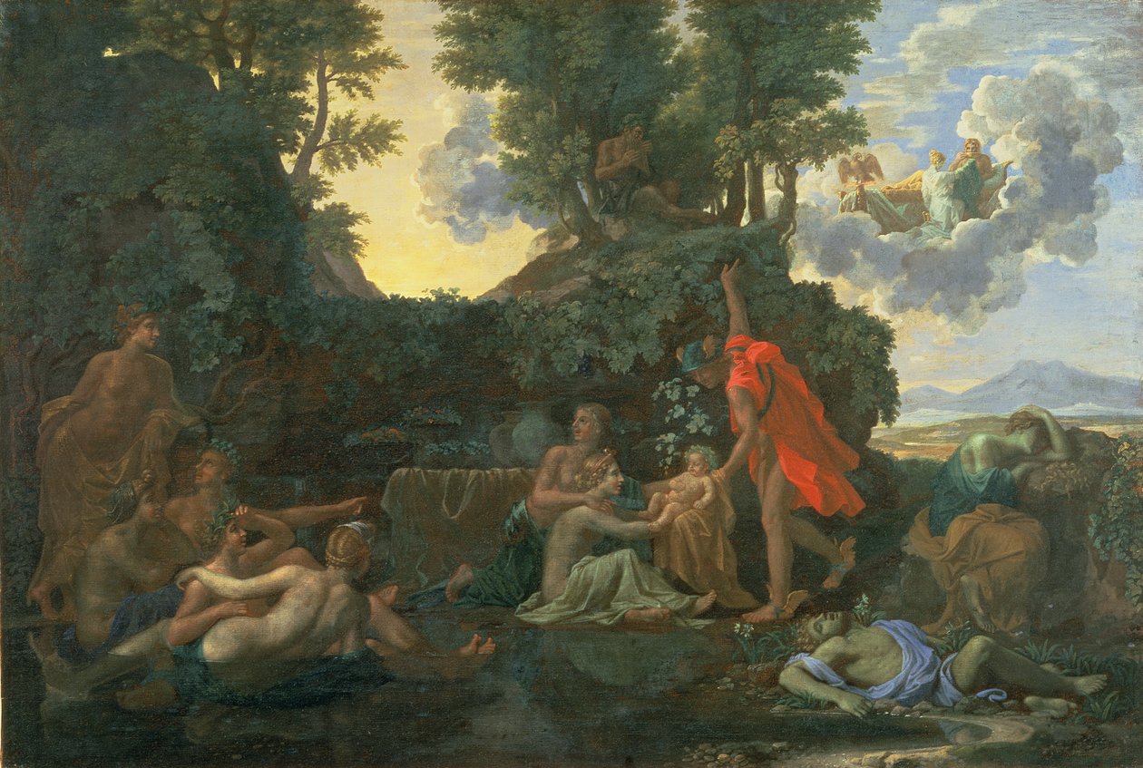 O Baco Infantil Confiado às Ninfas de Nysa; A morte do eco e do narciso, 1657 de Nicolas Poussin
