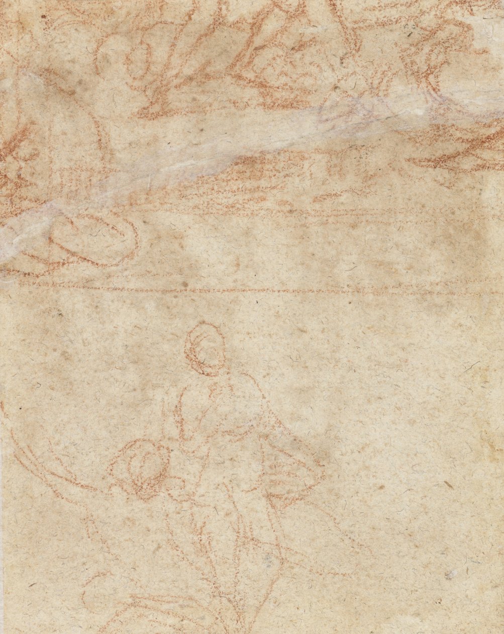 Dois esboços, uma mulher agachada com uma figura ao lado dela e outro grupo de figuras (giz vermelho sobre papel) de Nicolas Poussin