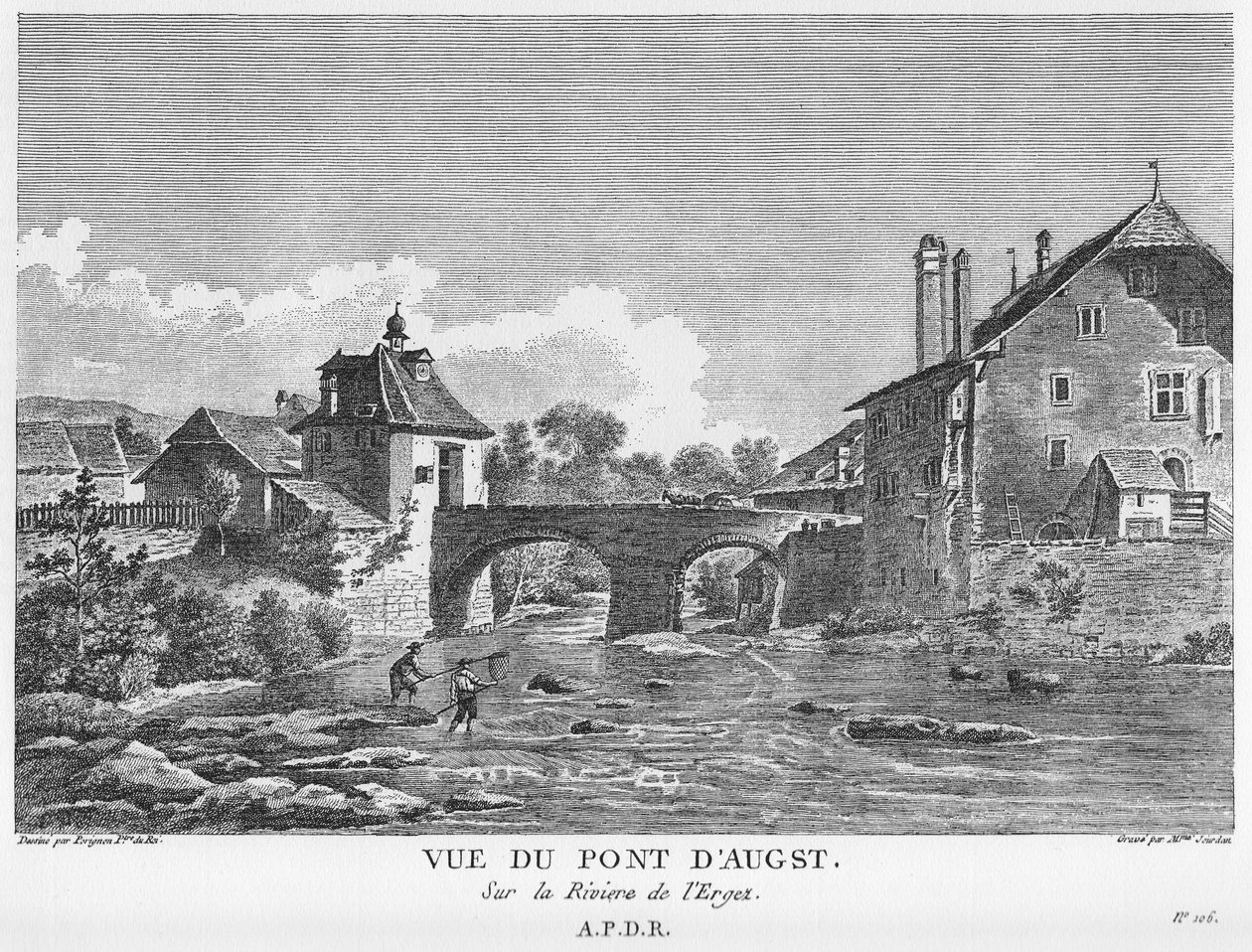 Vista da ponte sobre o rio Ergolz em agosto. Cobre Gravura por Mme. Jourdan depois de um desenho de Nicolas Pérignon de Nicolas Pérignon, Mme. Jourdan