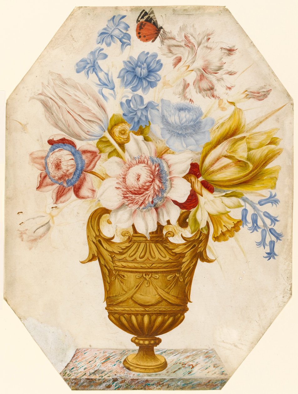 Flores em um vaso que fica em uma borda de mármore com uma borboleta repousando sobre a flor (wc e guache sobre velino) de Nicolas Robert
