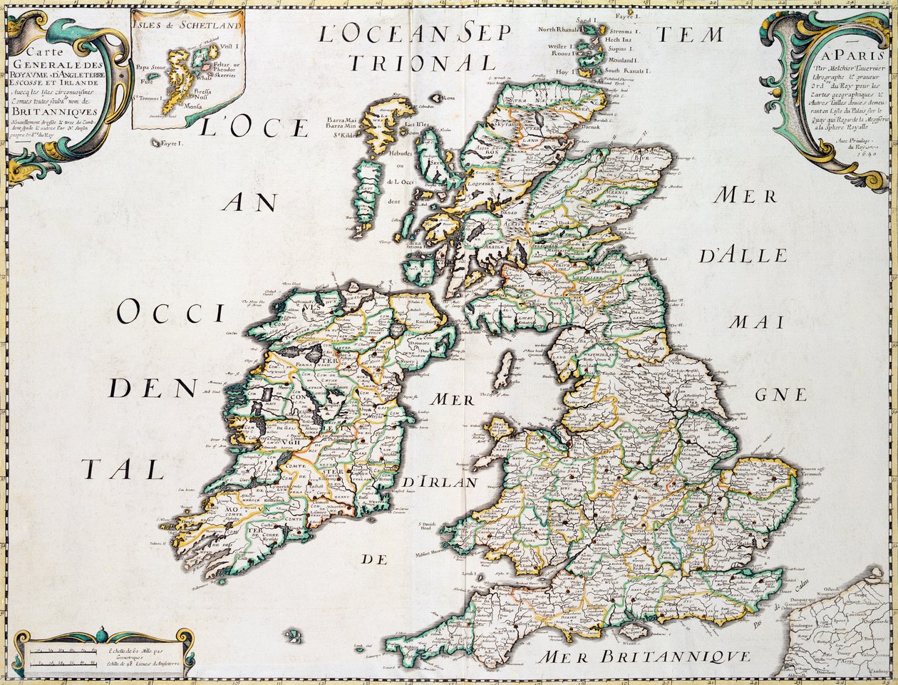 Mapa da Grã-Bretanha e Irlanda, publicado em Paris 1640 de Nicolas Sanson