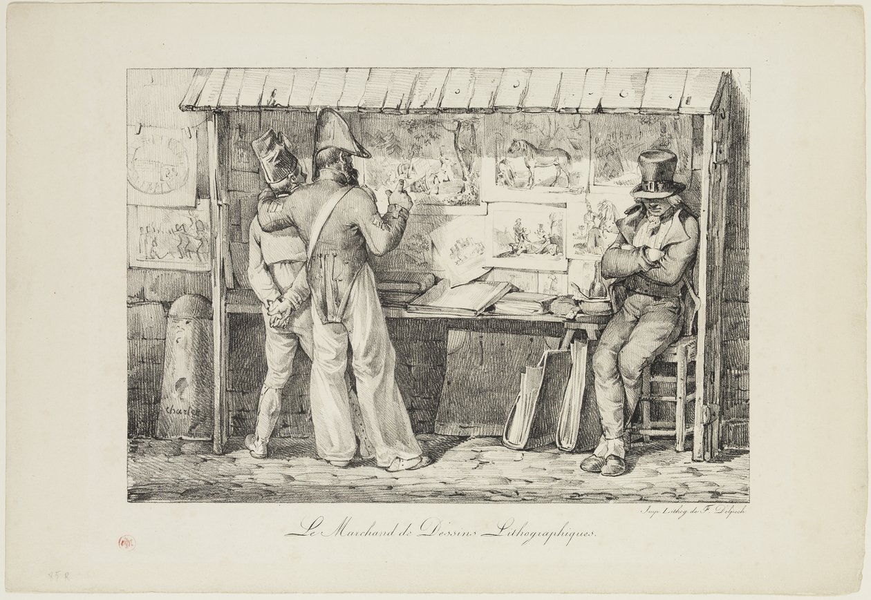 Litografias Le marchand de dessins, entre 1818 e 1819 (litografia impressa em tinta preta sobre papel de seda) de Nicolas Toussaint Charlet