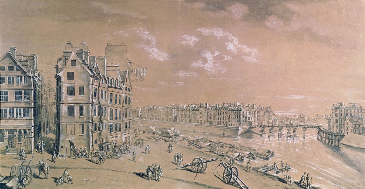 A Ile Saint-Louis e as docas de milho da Place de Greve, c.1757 (wc e guache) (ver também 86033) de Nicolas Raguenet