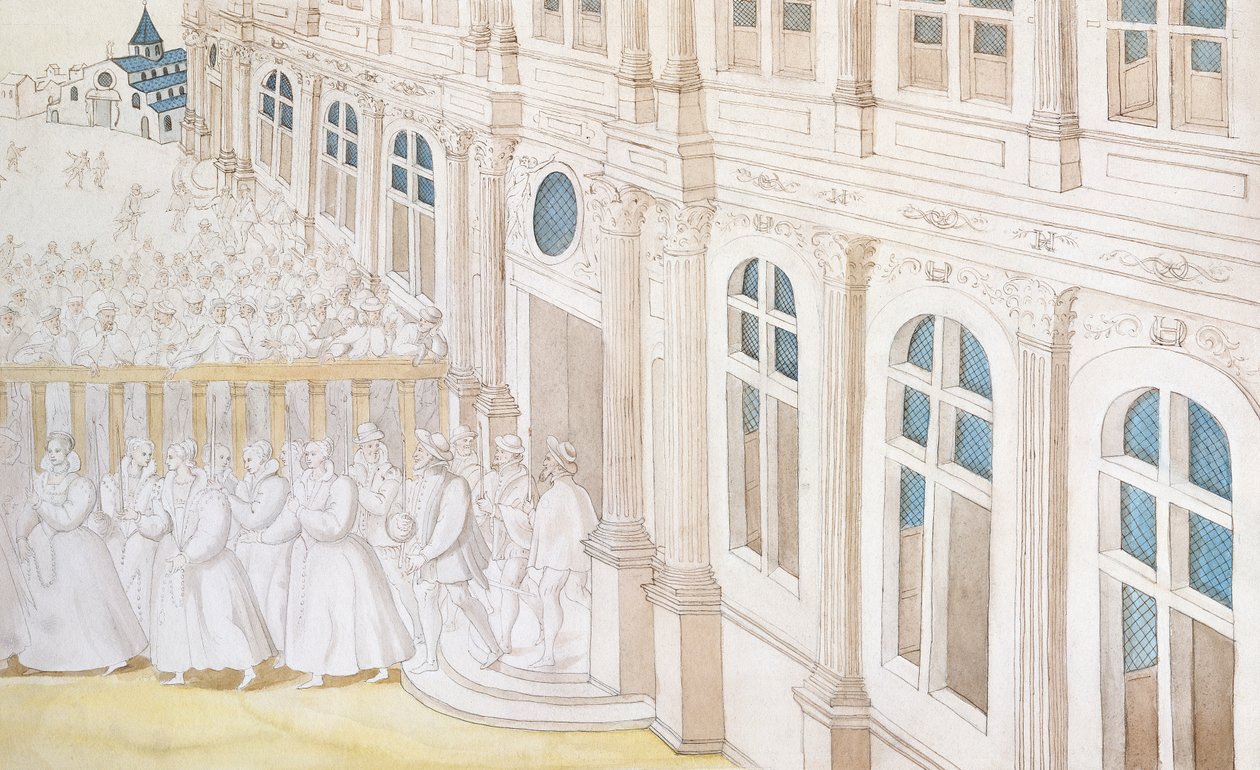 Procissão da Rainha Louise de Lorraine-Vaudemont (1553-1601) Deixando o Palais du Louvre para a Maison de Charite, 1584 (caneta e tinta e wc no papel) de Nicolas attr. to Houel