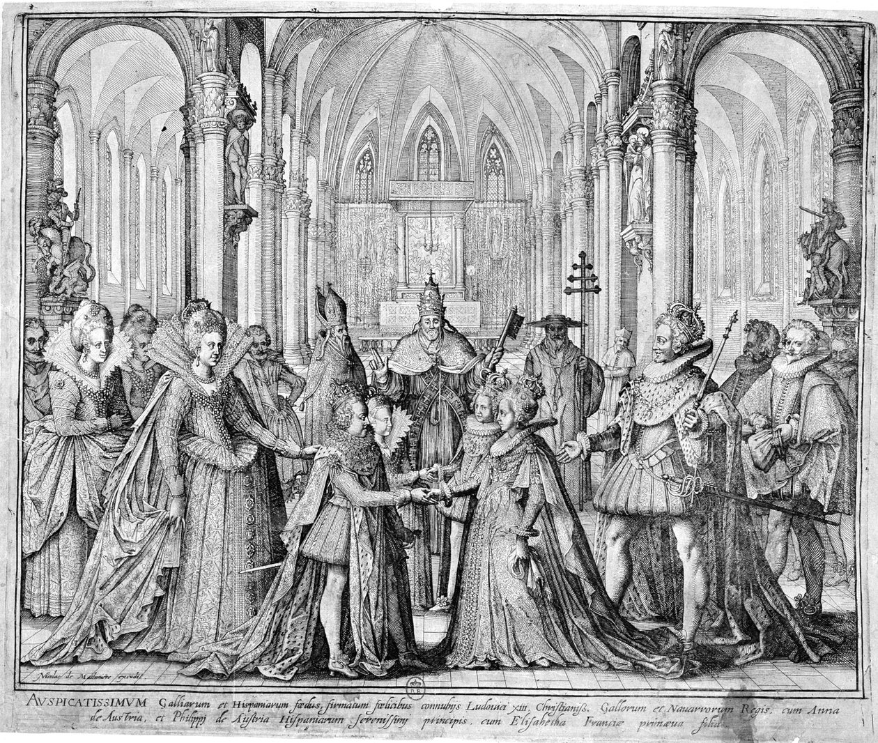 O duplo casamento em 1615 de Luís XIII (1601-43) a Ana da Áustria (1601-1666) e Filipe da Áustria (1605-65) futuro Filipe IV de Espanha a Isabel da França (1602-44) de Nicolas de Mathoniere