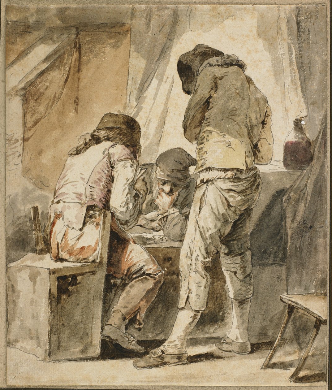 Um movimento difícil, c. 1781 (caneta e tinta preta, cinza e marrom, wc e papel) de Nicolas Bernard Lepicie