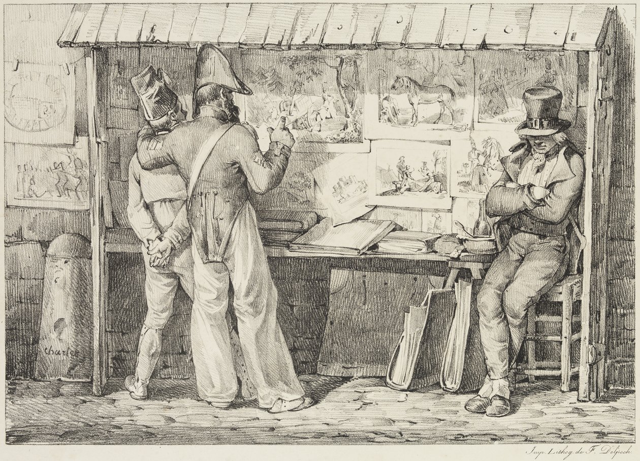 Litografias Le marchand de dessins, entre 1818 e 1819 (litografia impressa em tinta preta sobre papel de seda) de Nicolas Toussaint Charlet