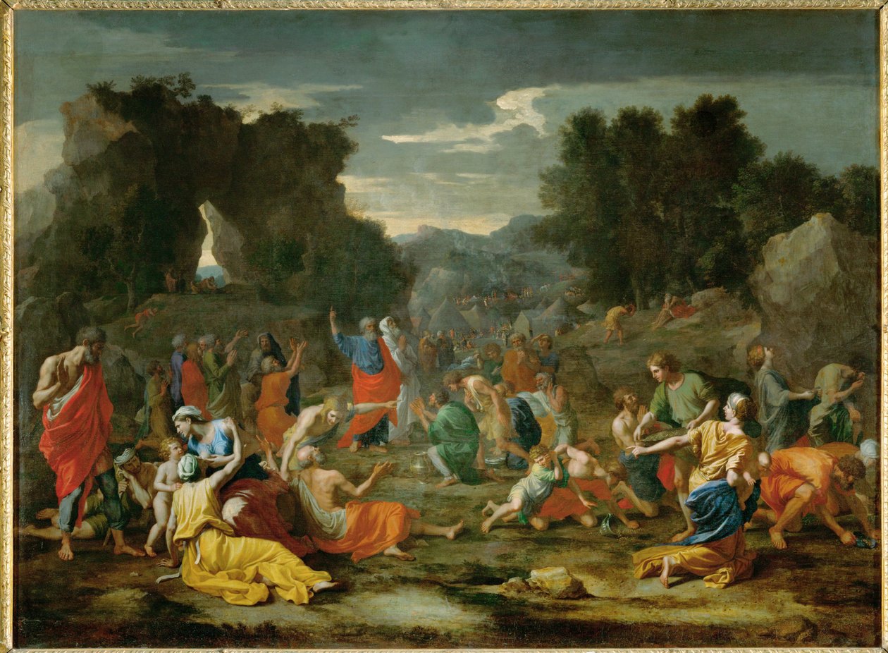 Les Israelites recuillant la manne dans le desert - Os israelitas recolhem o maná no deserto ... de Nicolas (attr.to) Poussin
