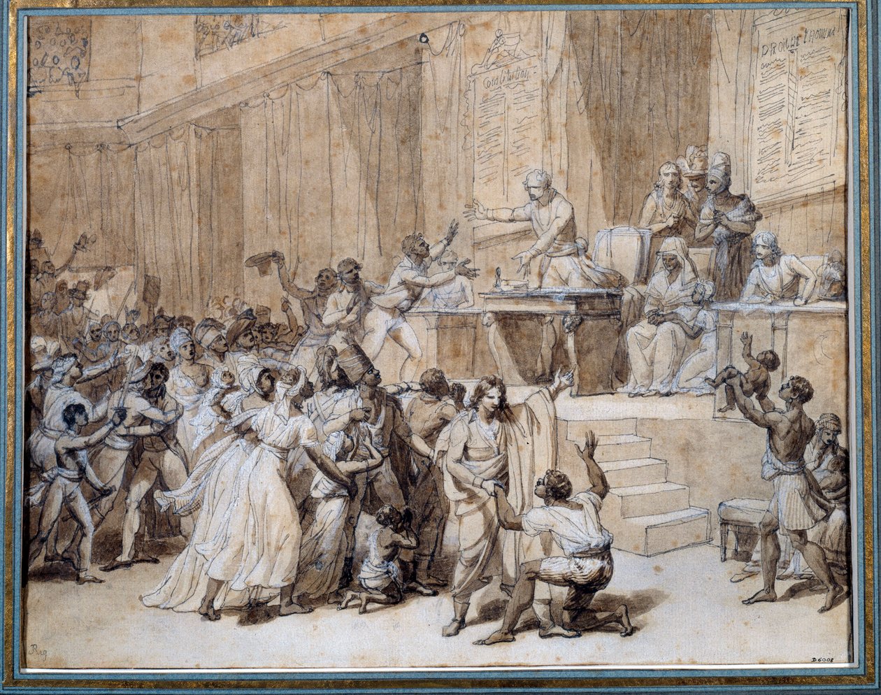 Revolução Francesa: a Convenção Nacional decreta a abolição da escravatura nas colónias em 4/02/1794 (16 Pluviose An II) em Paris. Desenho de tinta de Nicolas Andre Monsiau (1754-1837) Sol. 0,26x0,33 m Paris, Musee Carnavalet de Nicolas Andre Monsiau