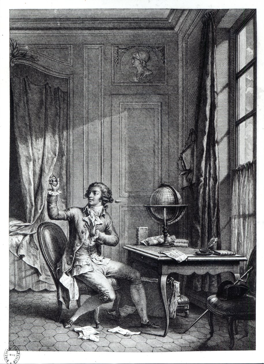 St. Preux Recebendo o Retrato de Julie, ilustração de &39;The New Heloise&39; de Jean-Jacques Rousseau (1712-1778) de Nicolas Andre Monsiau